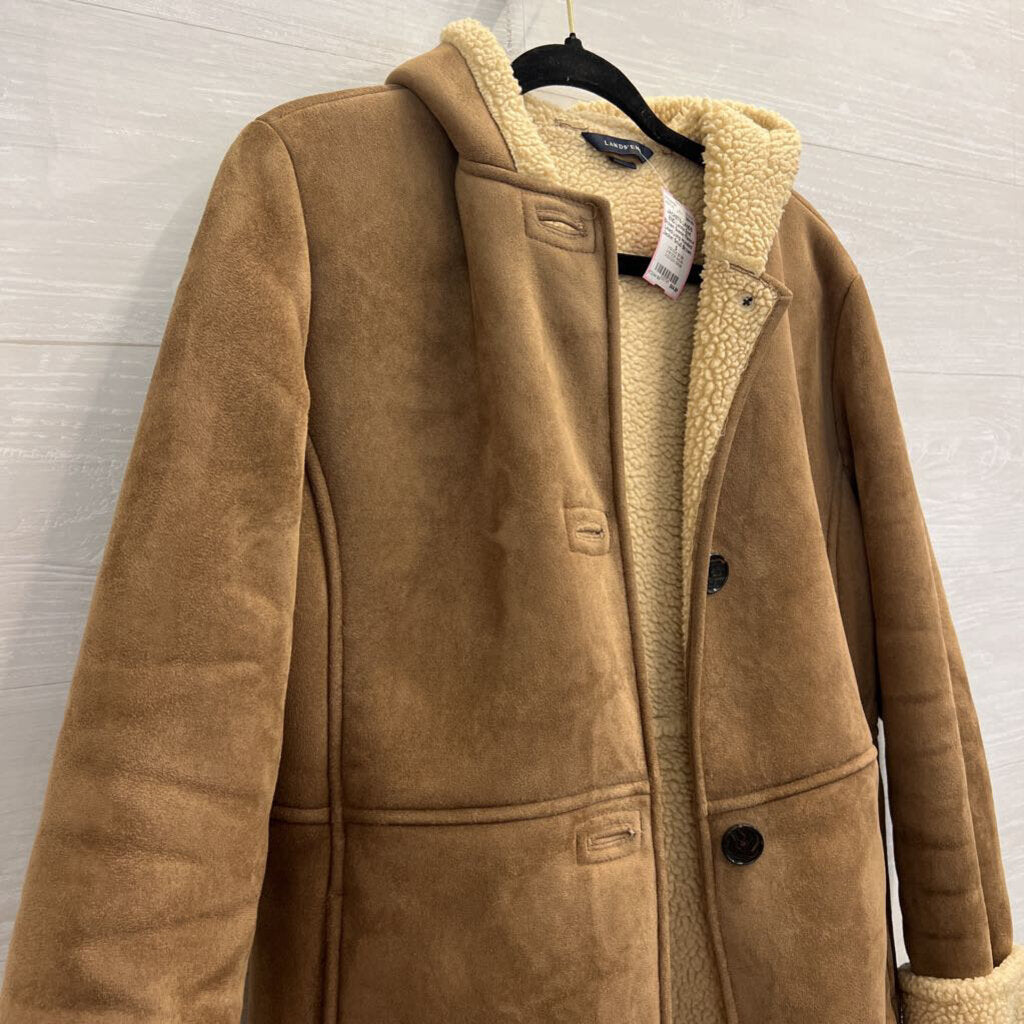 Lands End Brown Suede Fleece Lined Long Hooded Jacket Small