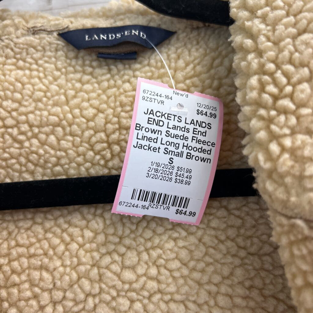 Lands End Brown Suede Fleece Lined Long Hooded Jacket Small