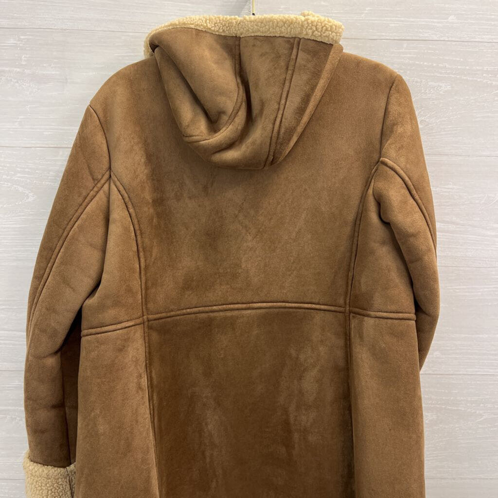 Lands End Brown Suede Fleece Lined Long Hooded Jacket Small