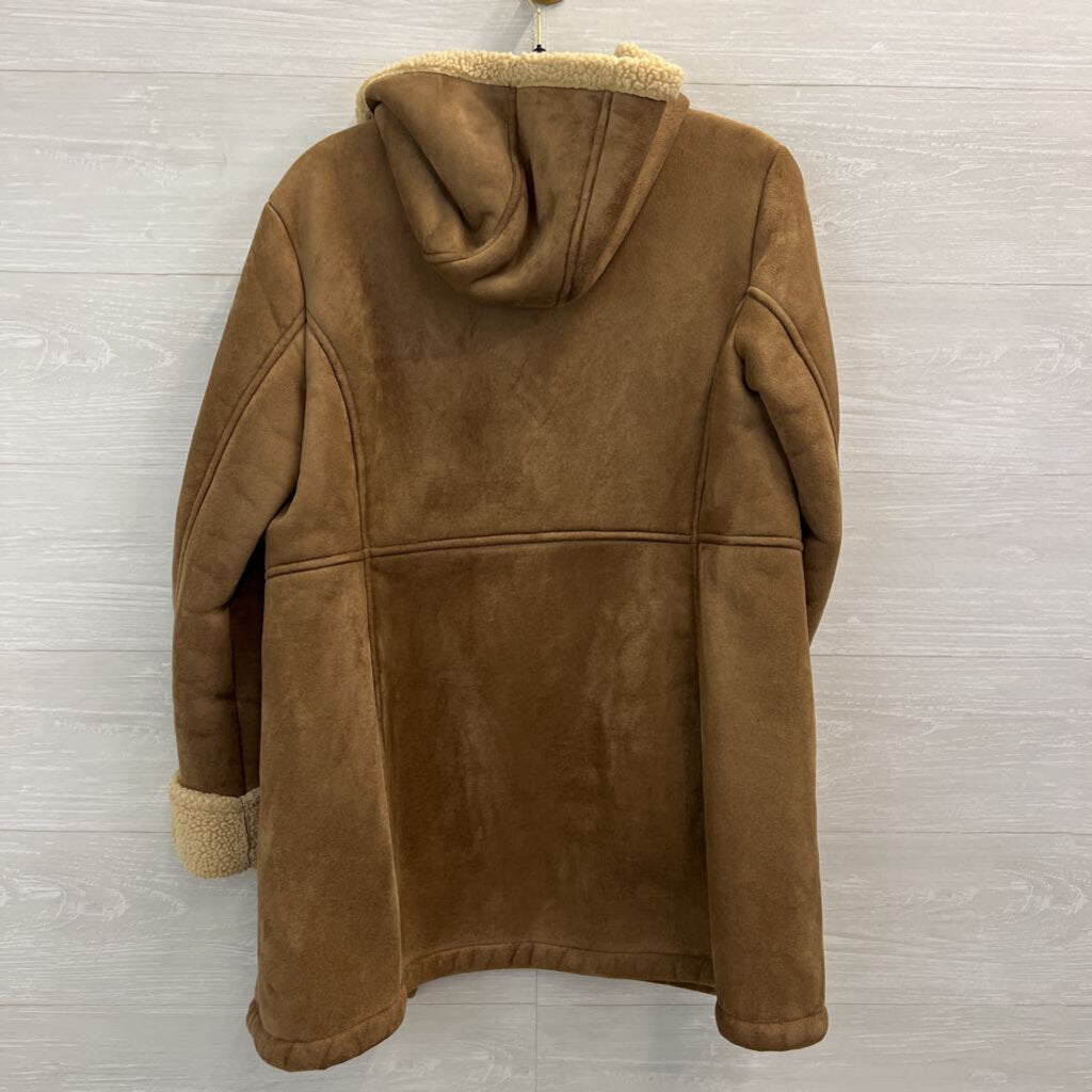 Lands End Brown Suede Fleece Lined Long Hooded Jacket Small