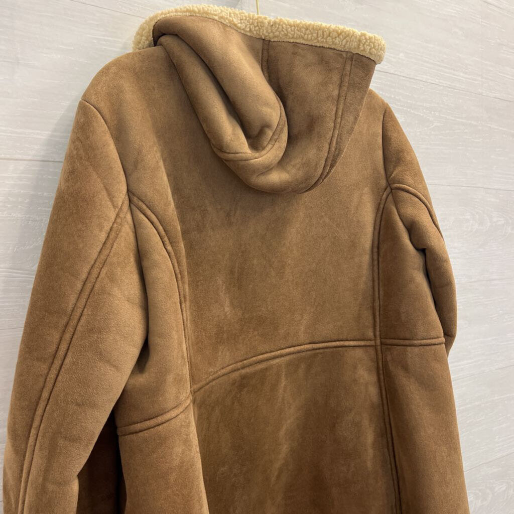 Lands End Brown Suede Fleece Lined Long Hooded Jacket Small