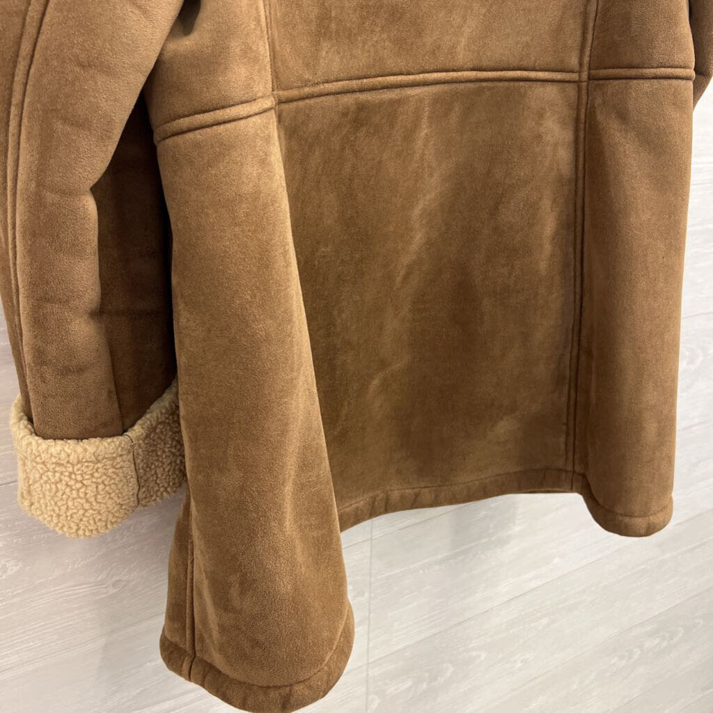 Lands End Brown Suede Fleece Lined Long Hooded Jacket Small