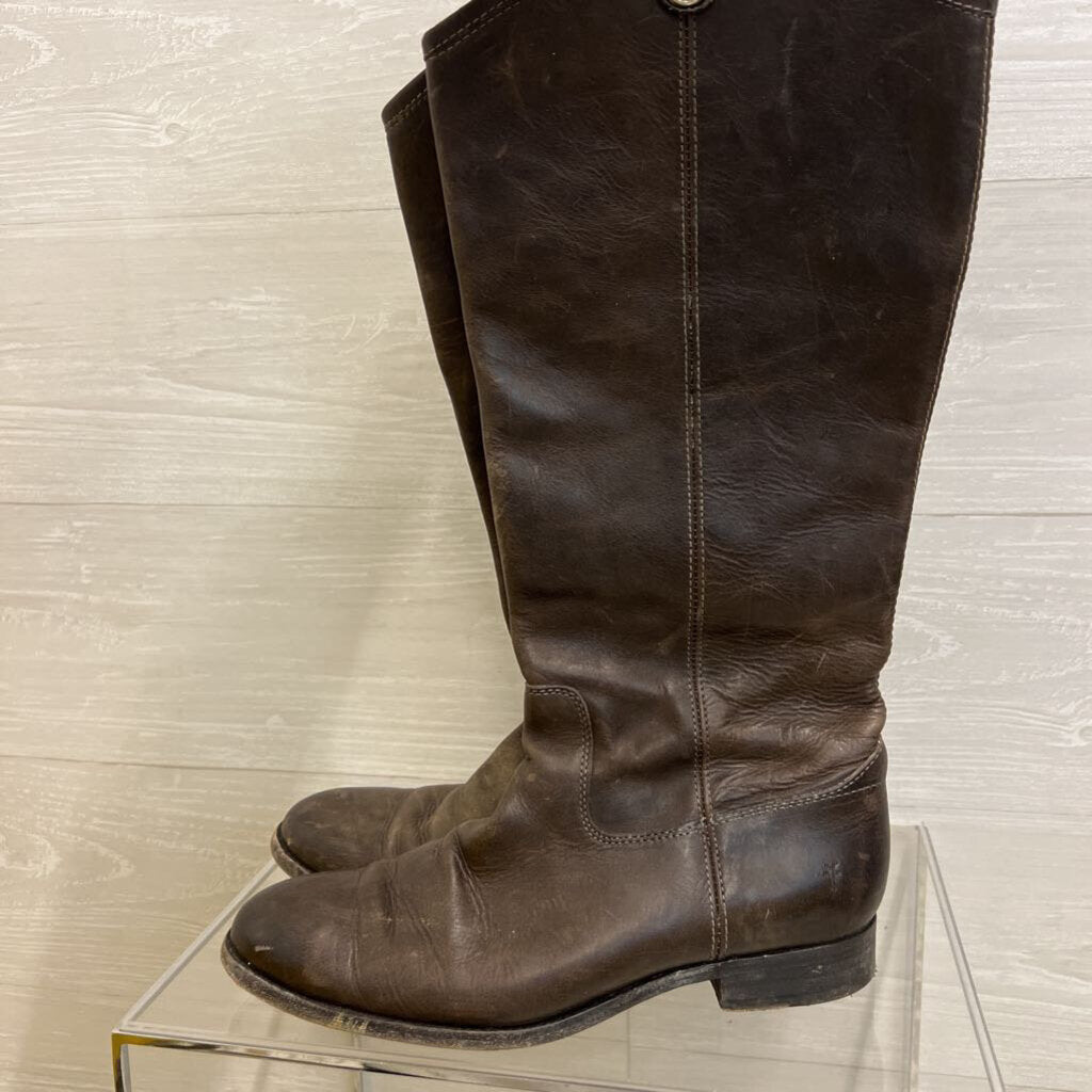 Frye Brown Distressed Leather Melissa Button Tall Riding Boots 10