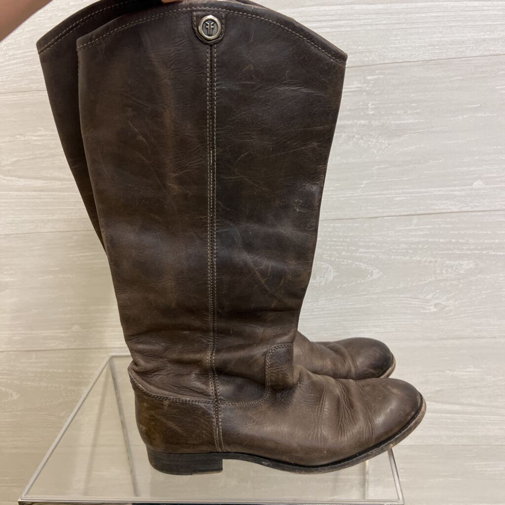 Frye Brown Distressed Leather Melissa Button Tall Riding Boots 10
