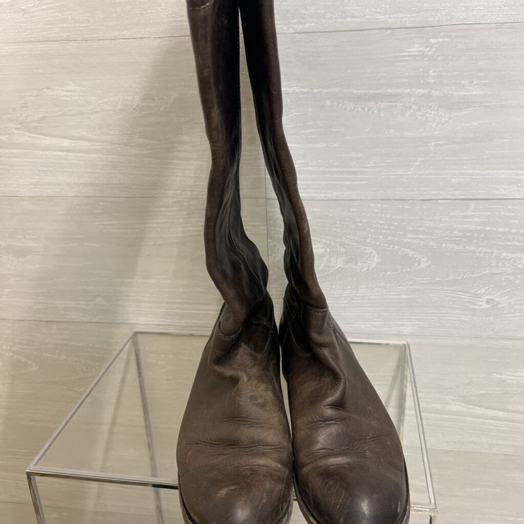 Frye Brown Distressed Leather Melissa Button Tall Riding Boots 10