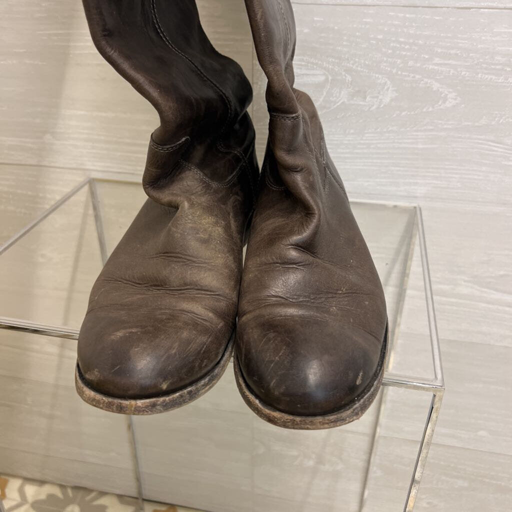 Frye Brown Distressed Leather Melissa Button Tall Riding Boots 10