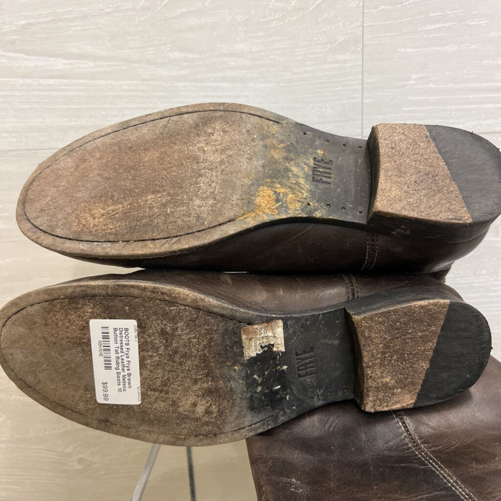 Frye Brown Distressed Leather Melissa Button Tall Riding Boots 10