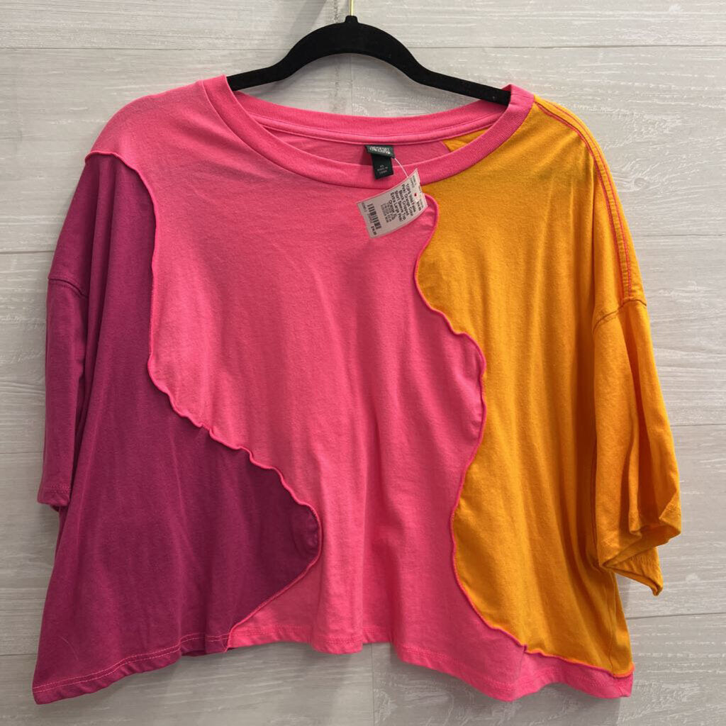 Pink/ Orange Color Block Cropped Short Sleeve Top Extra Large