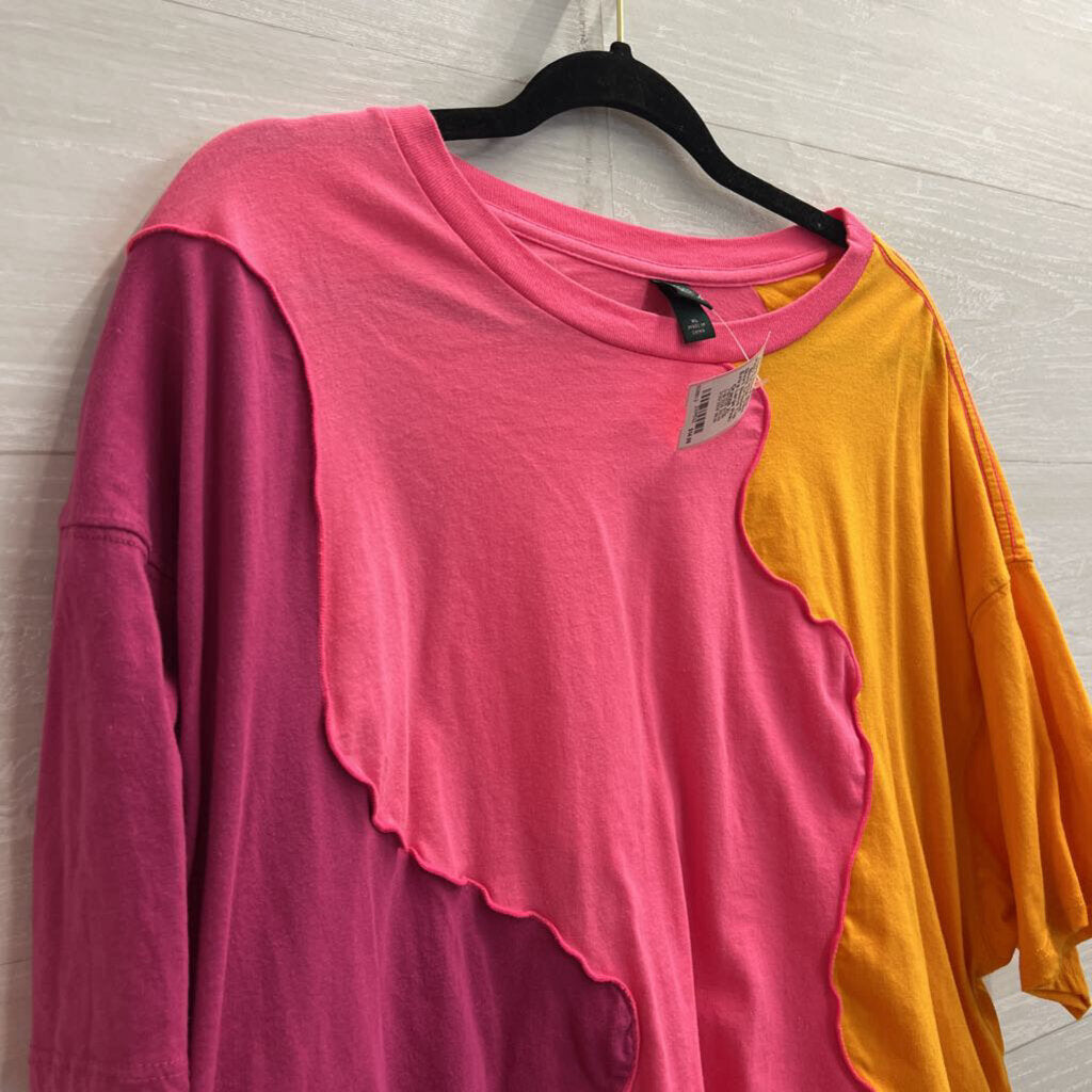 Pink/ Orange Color Block Cropped Short Sleeve Top Extra Large