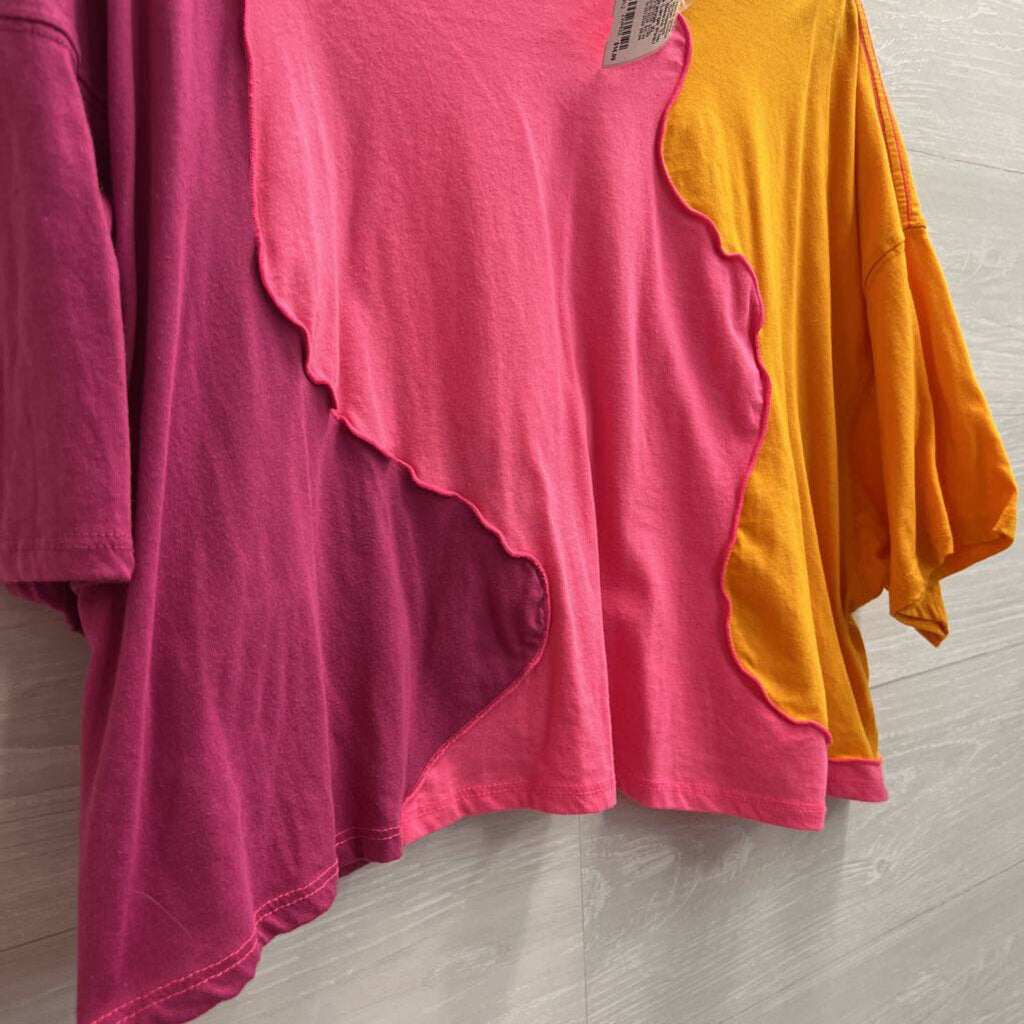 Pink/ Orange Color Block Cropped Short Sleeve Top Extra Large