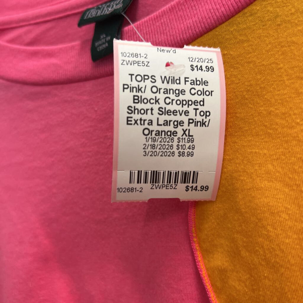 Pink/ Orange Color Block Cropped Short Sleeve Top Extra Large