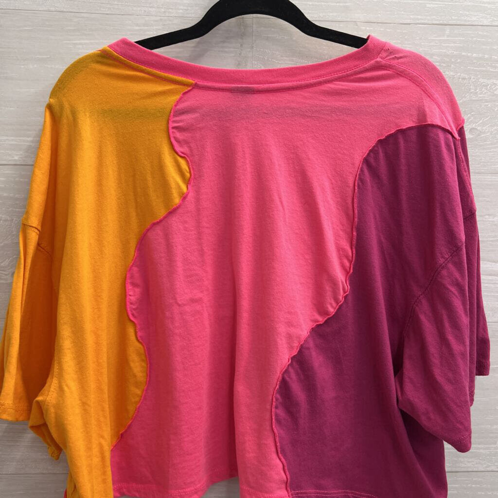 Pink/ Orange Color Block Cropped Short Sleeve Top Extra Large
