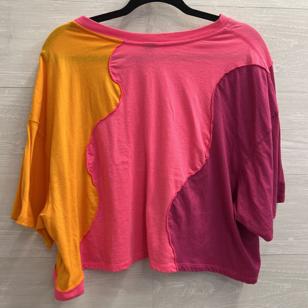 Pink/ Orange Color Block Cropped Short Sleeve Top Extra Large