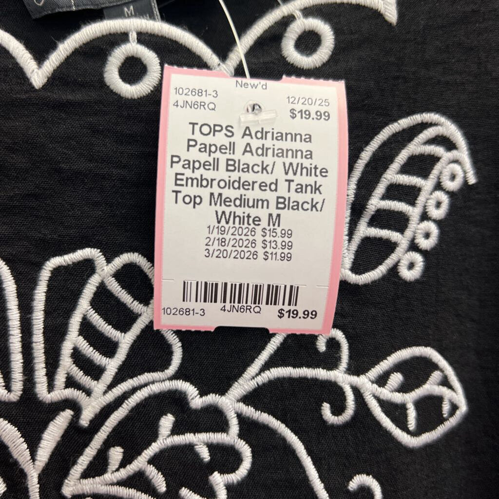Adrianna Papell Black/ White Embroidered Tank Top Medium