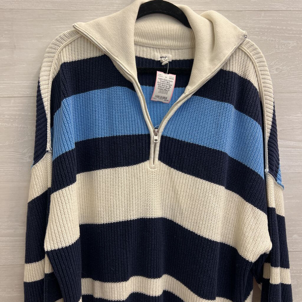 Aerie Cream/ Blue Oversized Striped Knit Quarter Zip Pullover Small