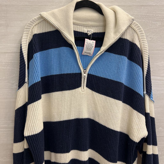 Aerie Cream/ Blue Oversized Striped Knit Quarter Zip Pullover Small