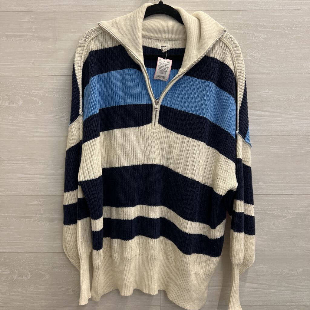 Aerie Cream/ Blue Oversized Striped Knit Quarter Zip Pullover Small