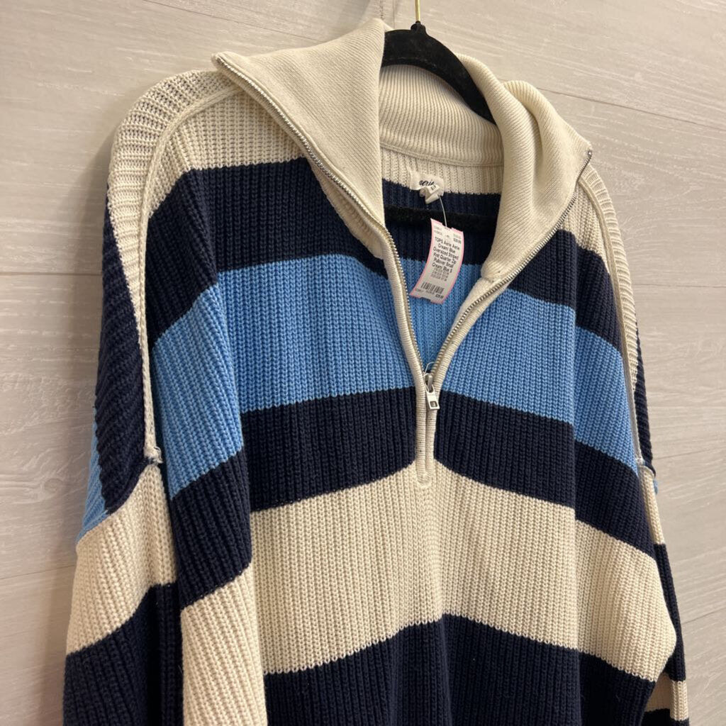 Aerie Cream/ Blue Oversized Striped Knit Quarter Zip Pullover Small