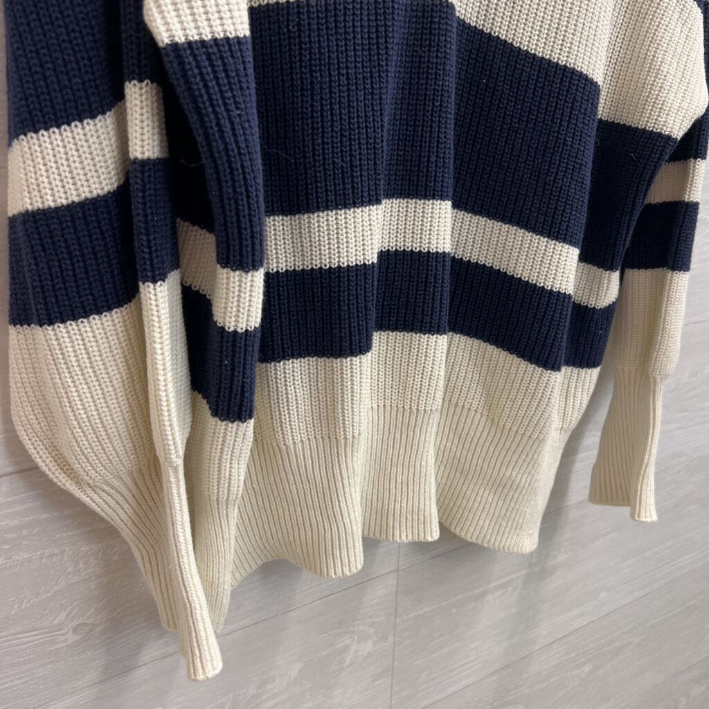 Aerie Cream/ Blue Oversized Striped Knit Quarter Zip Pullover Small