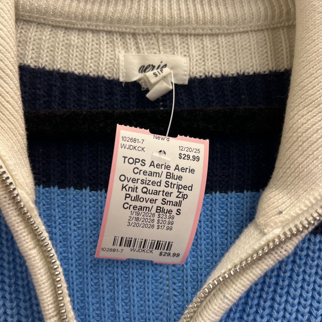 Aerie Cream/ Blue Oversized Striped Knit Quarter Zip Pullover Small