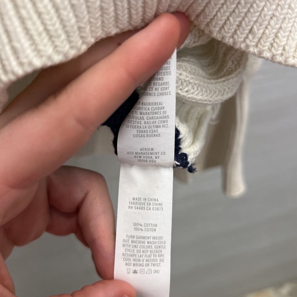 Aerie Cream/ Blue Oversized Striped Knit Quarter Zip Pullover Small