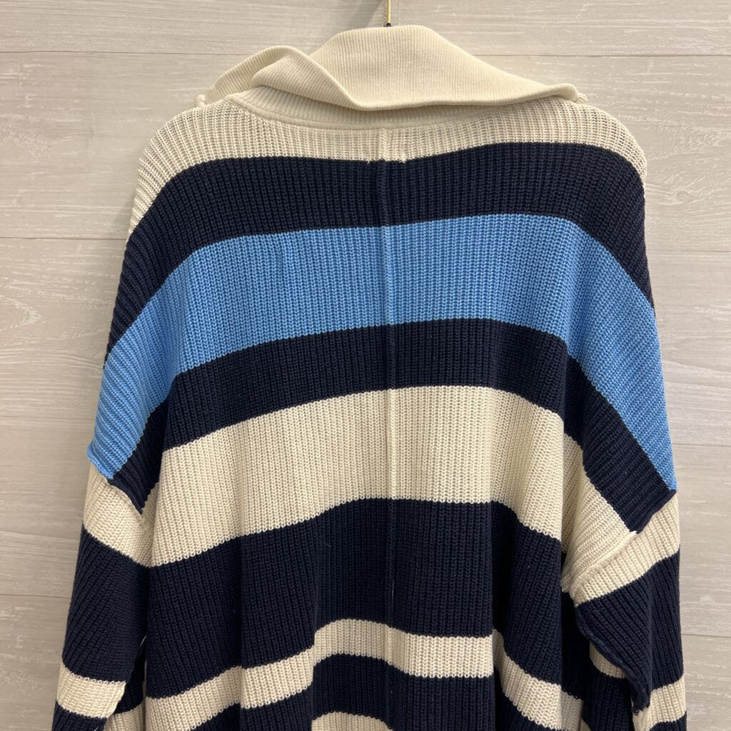 Aerie Cream/ Blue Oversized Striped Knit Quarter Zip Pullover Small