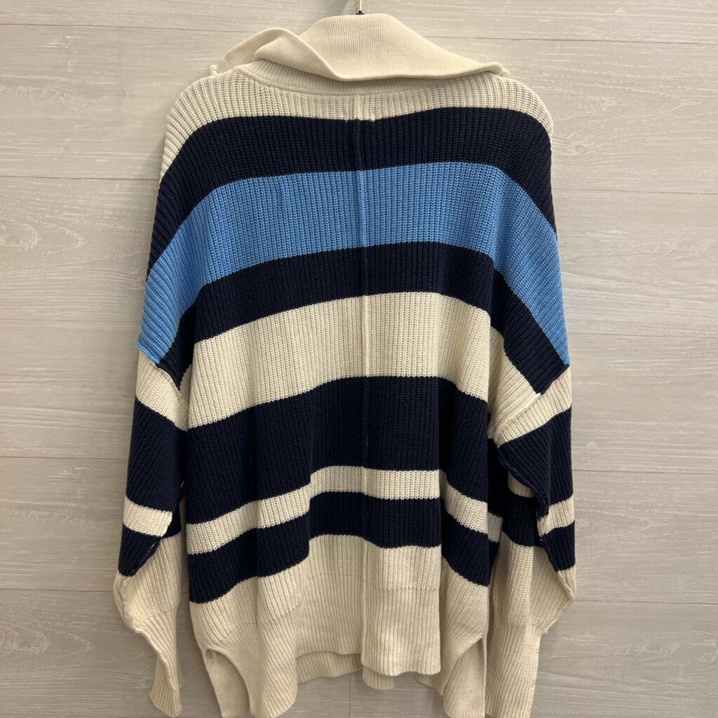 Aerie Cream/ Blue Oversized Striped Knit Quarter Zip Pullover Small