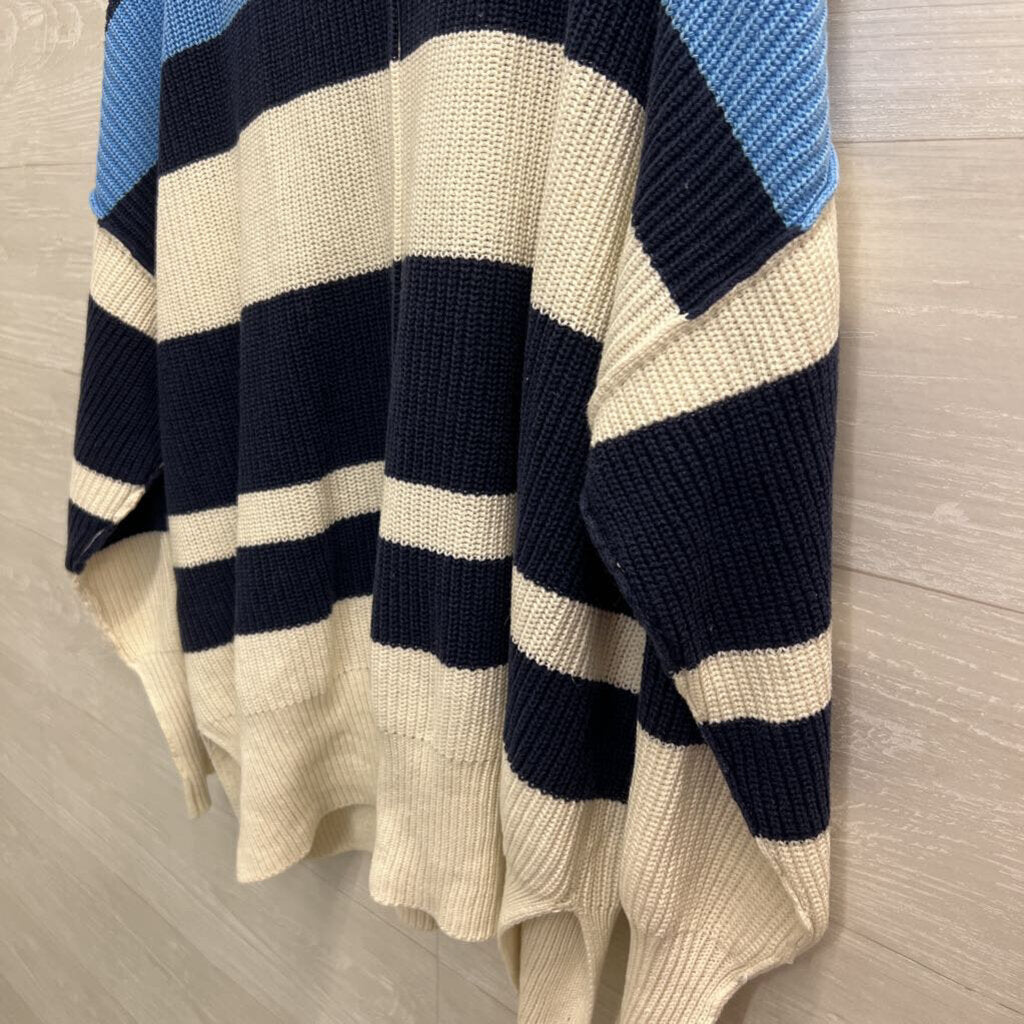 Aerie Cream/ Blue Oversized Striped Knit Quarter Zip Pullover Small