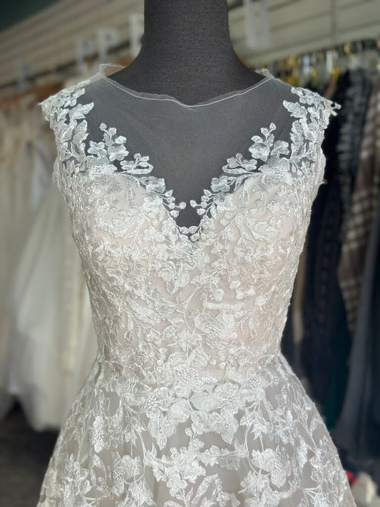 Christina Wu Ivory/ Champagne Lace Illusion Neck A Line Bridal Gown 12