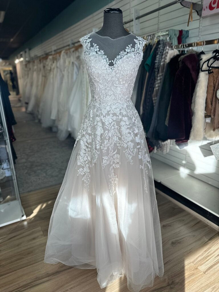 Christina Wu Ivory/ Champagne Lace Illusion Neck A Line Bridal Gown 12