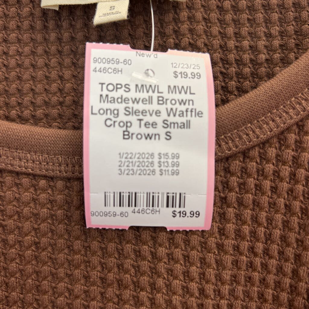 MWL Madewell Brown Long Sleeve Waffle Crop Tee Small