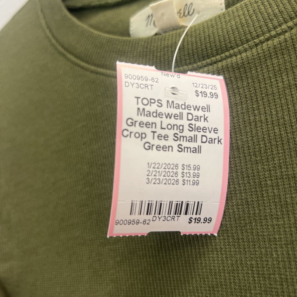 Madewell Dark Green Long Sleeve Crop Tee Small