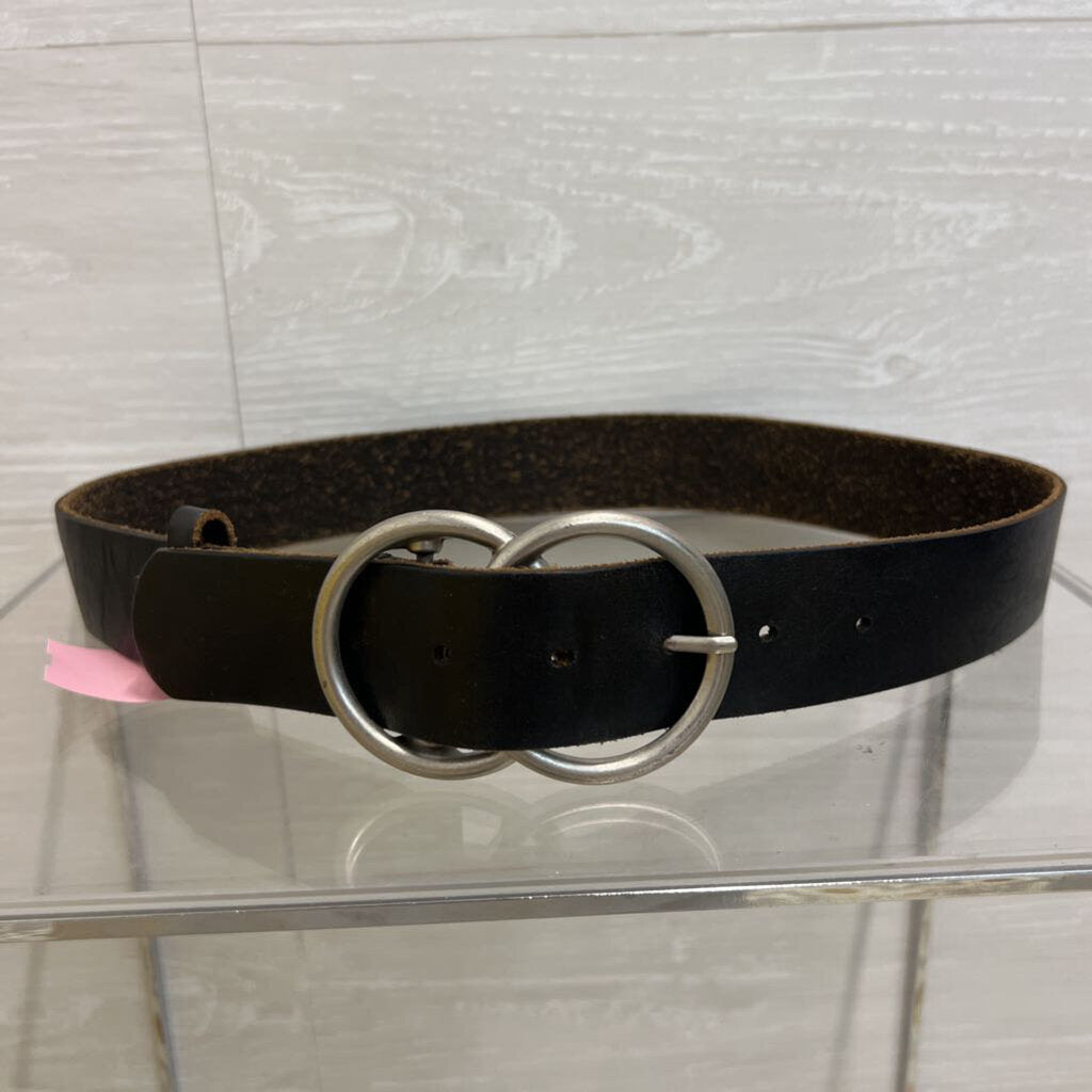 Black Leather Silver Double Circle Buckle Belt Small