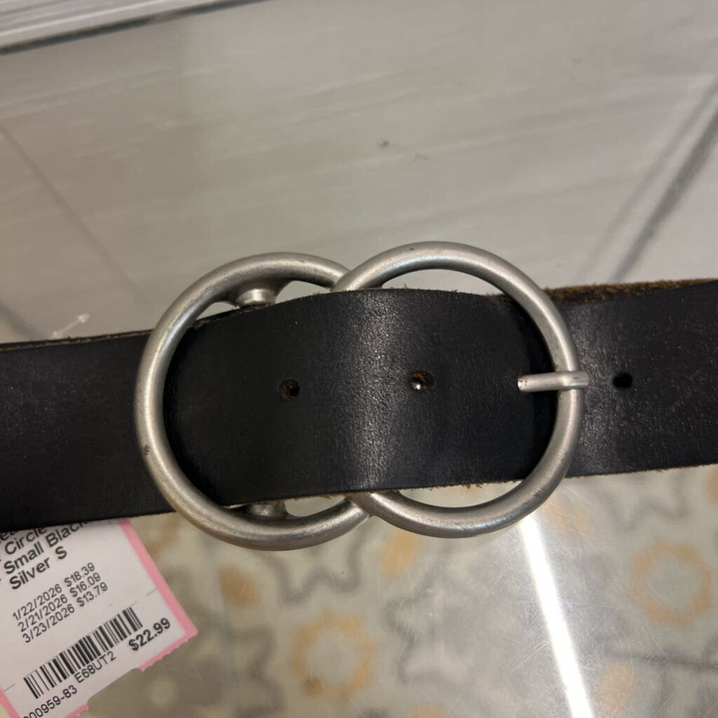Black Leather Silver Double Circle Buckle Belt Small
