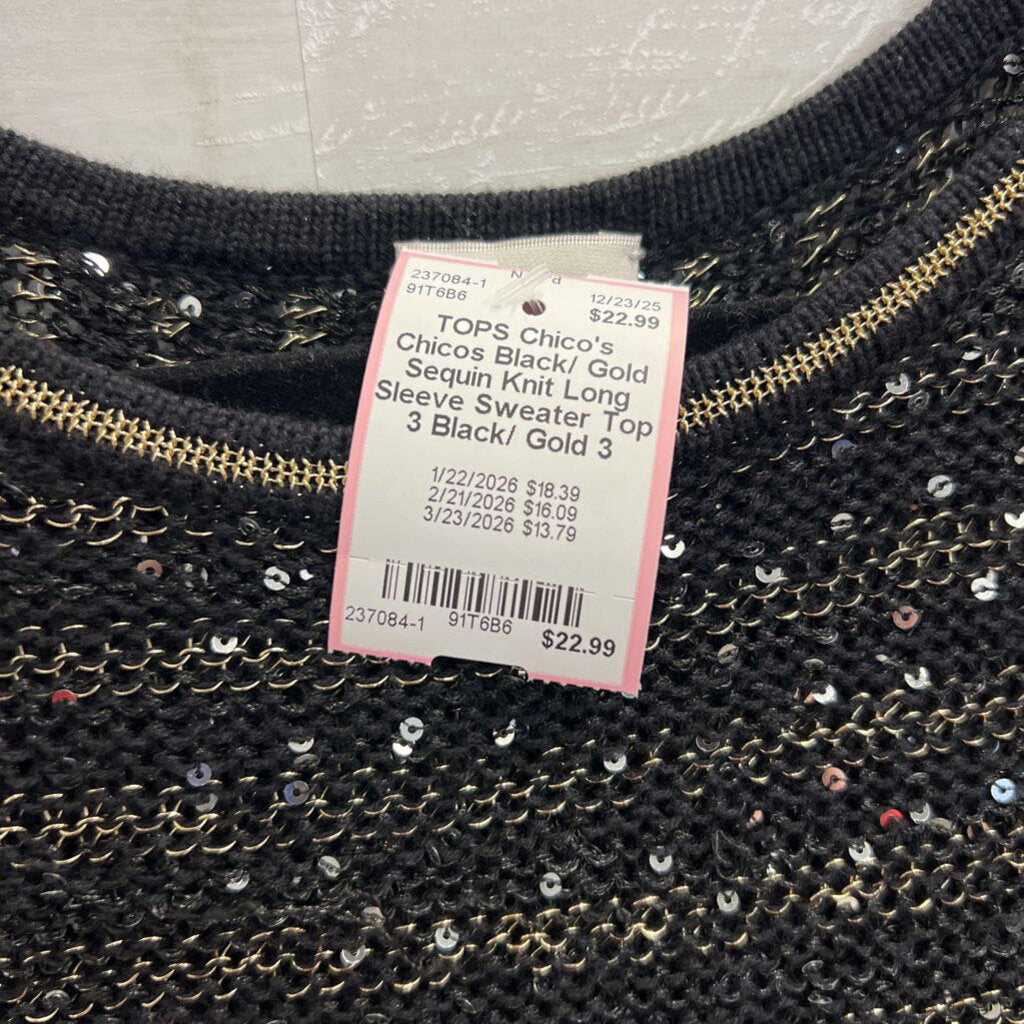 Chicos Black/ Gold Sequin Knit Long Sleeve Sweater Top 3