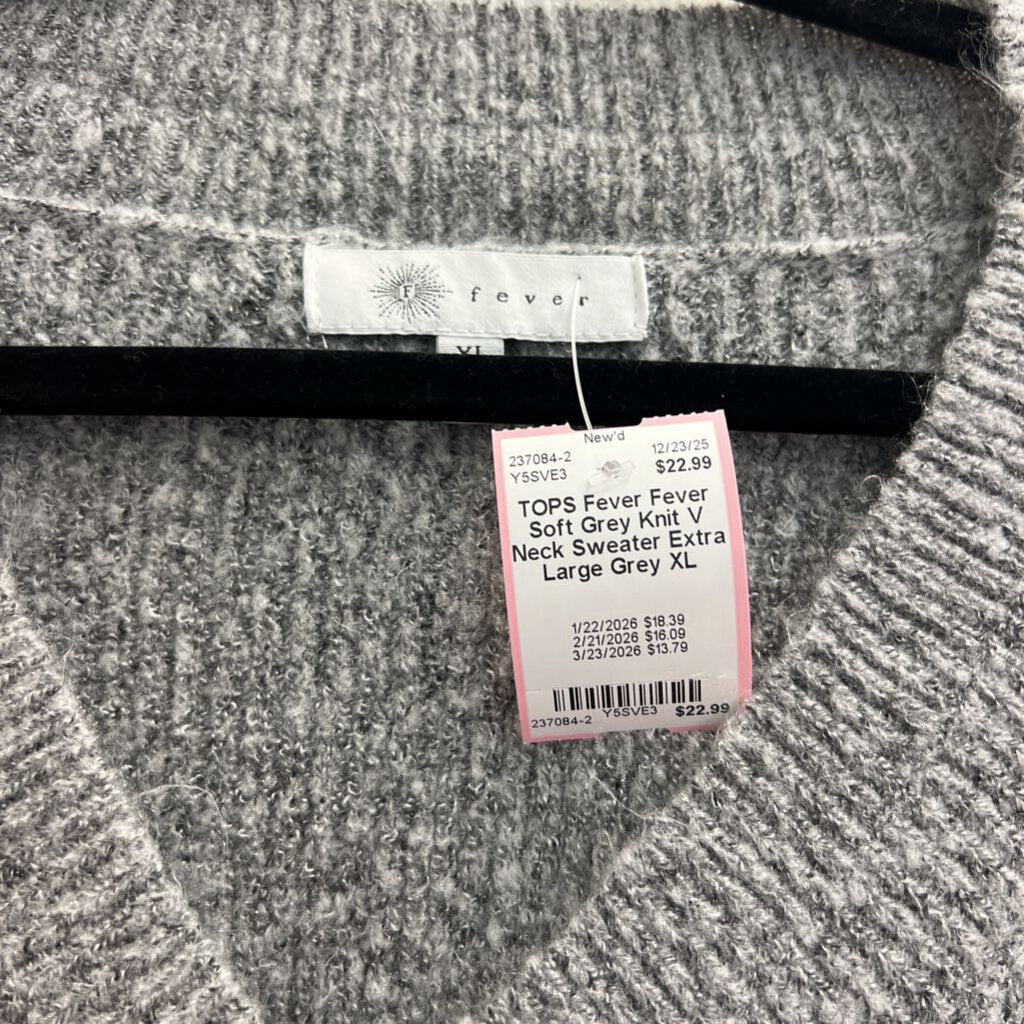 Fever Soft Grey Knit V Neck Sweater Extra Large