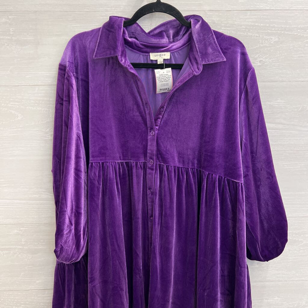 Umgee Purple Velvet Long Sleeve Button Down Tunic Top Large