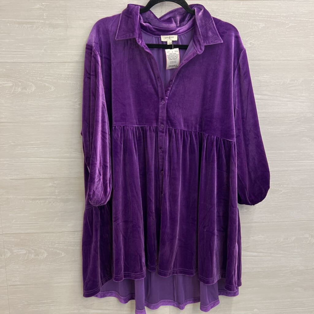 Umgee Purple Velvet Long Sleeve Button Down Tunic Top Large