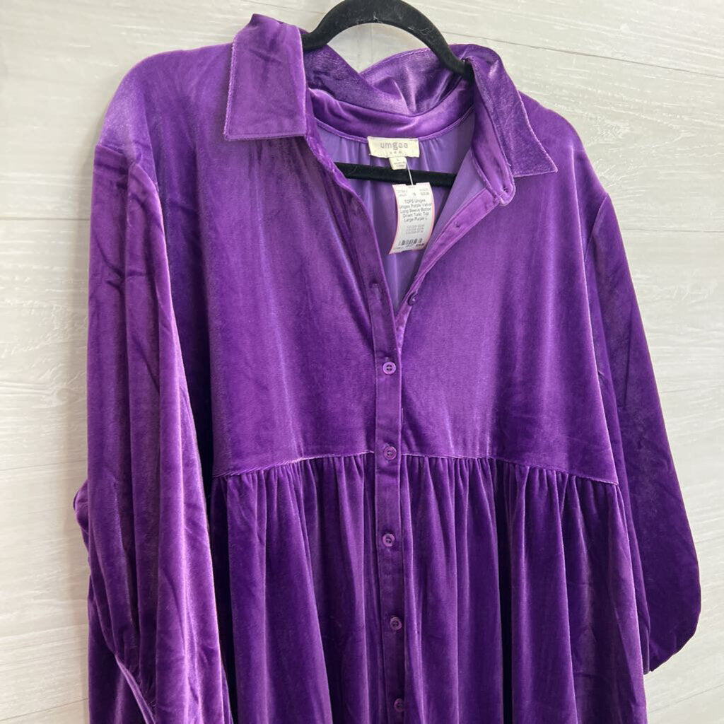 Umgee Purple Velvet Long Sleeve Button Down Tunic Top Large