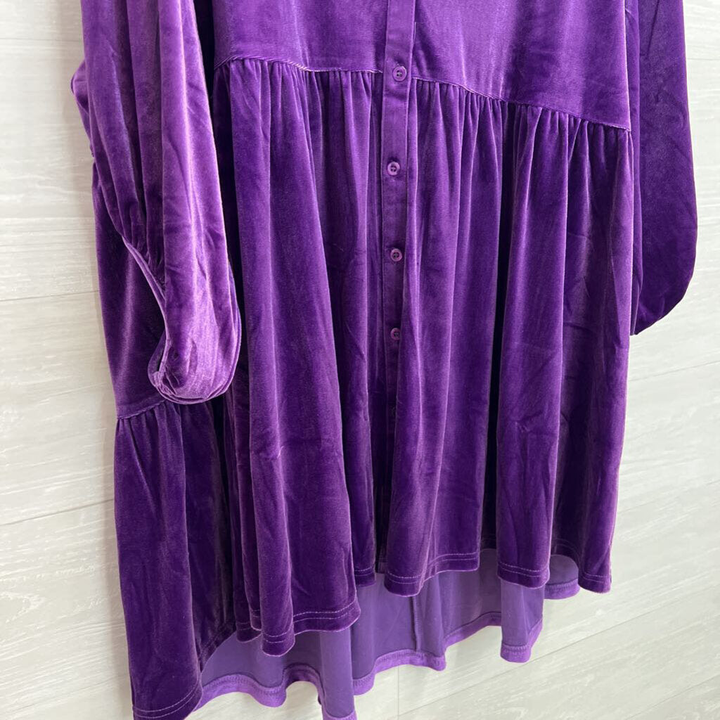 Umgee Purple Velvet Long Sleeve Button Down Tunic Top Large