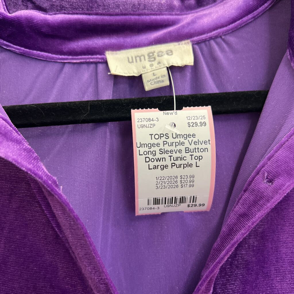 Umgee Purple Velvet Long Sleeve Button Down Tunic Top Large