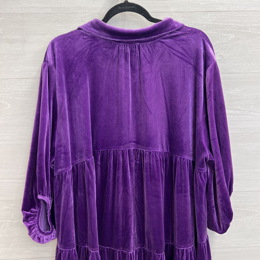 Umgee Purple Velvet Long Sleeve Button Down Tunic Top Large