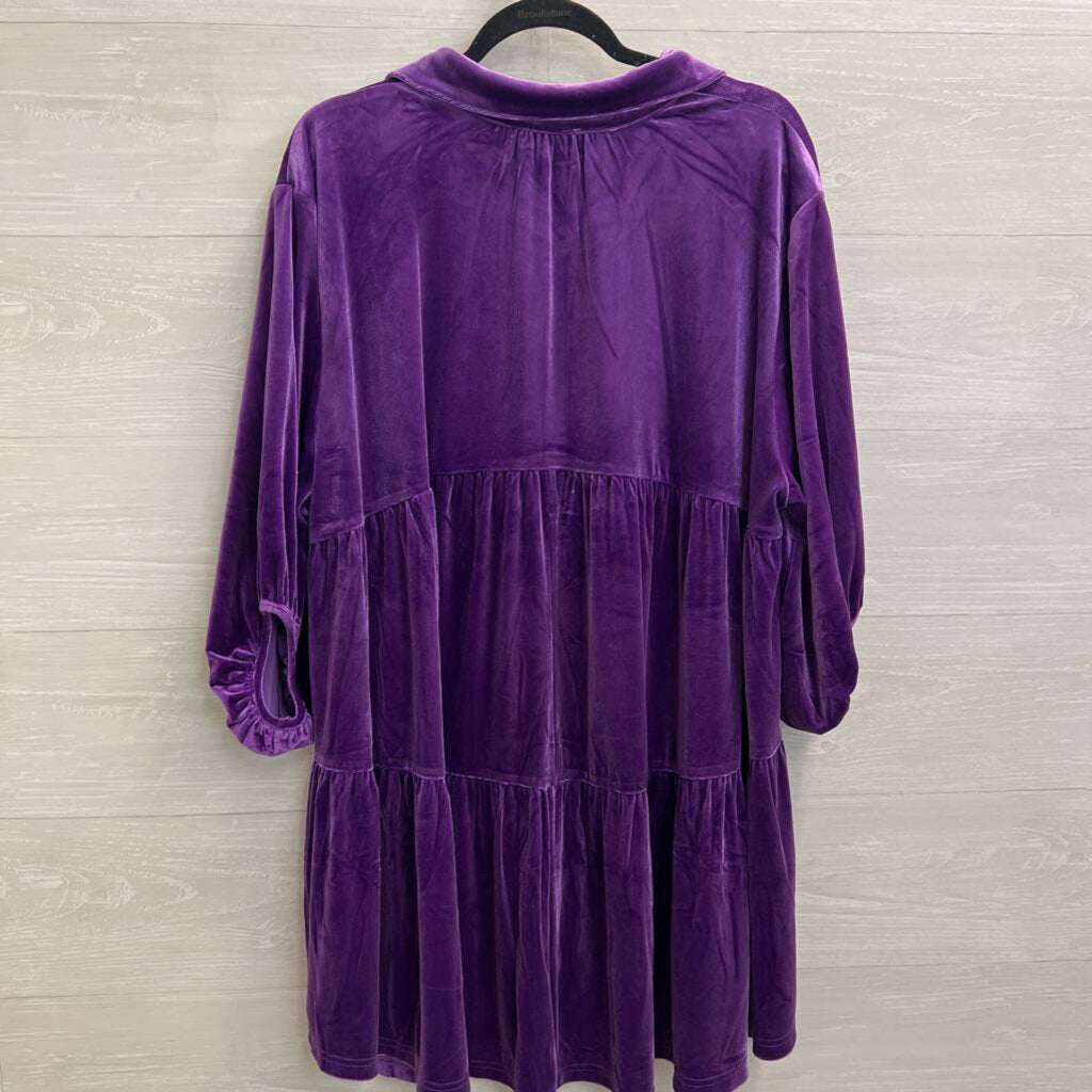 Umgee Purple Velvet Long Sleeve Button Down Tunic Top Large