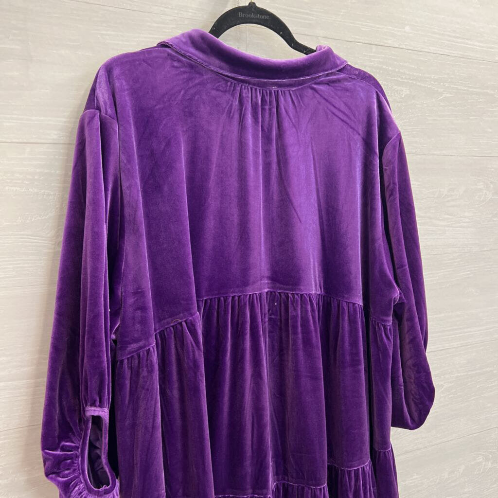 Umgee Purple Velvet Long Sleeve Button Down Tunic Top Large