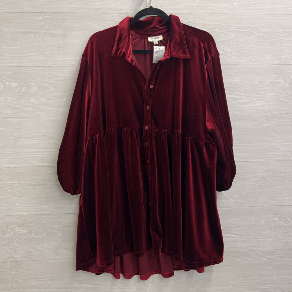 Umgee Red Velvet Long Sleeve Button Down Tunic Top Large