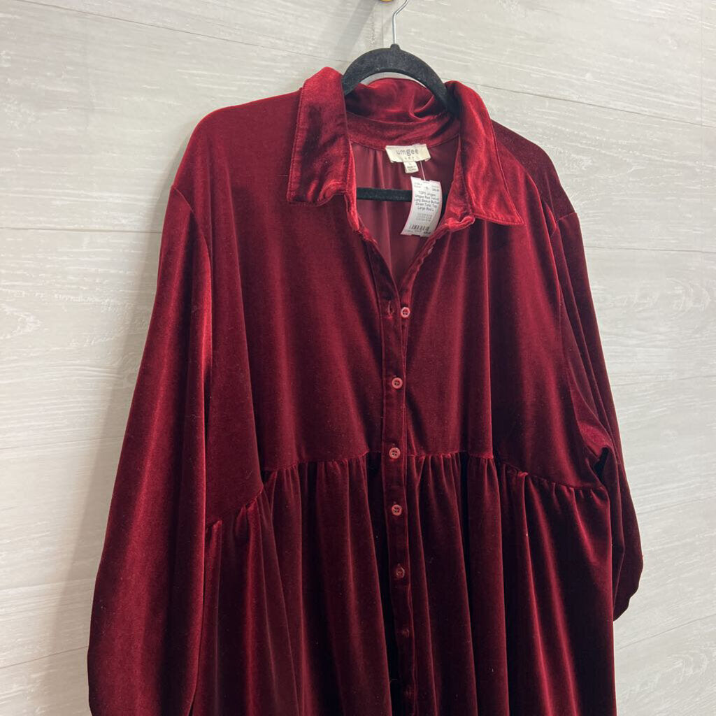 Umgee Red Velvet Long Sleeve Button Down Tunic Top Large
