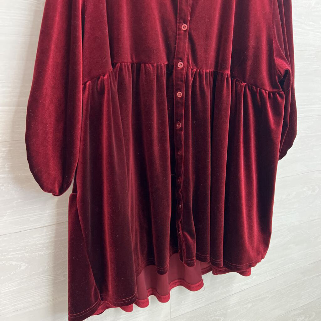 Umgee Red Velvet Long Sleeve Button Down Tunic Top Large