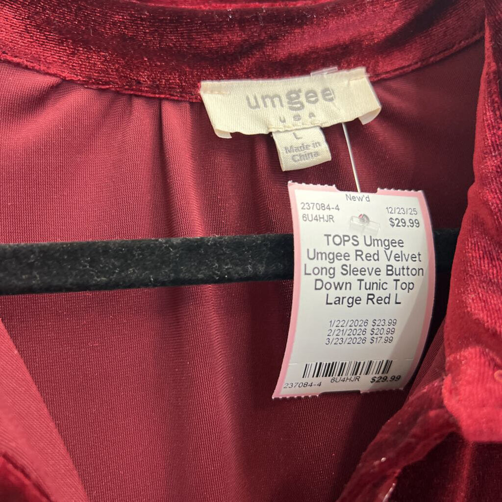 Umgee Red Velvet Long Sleeve Button Down Tunic Top Large