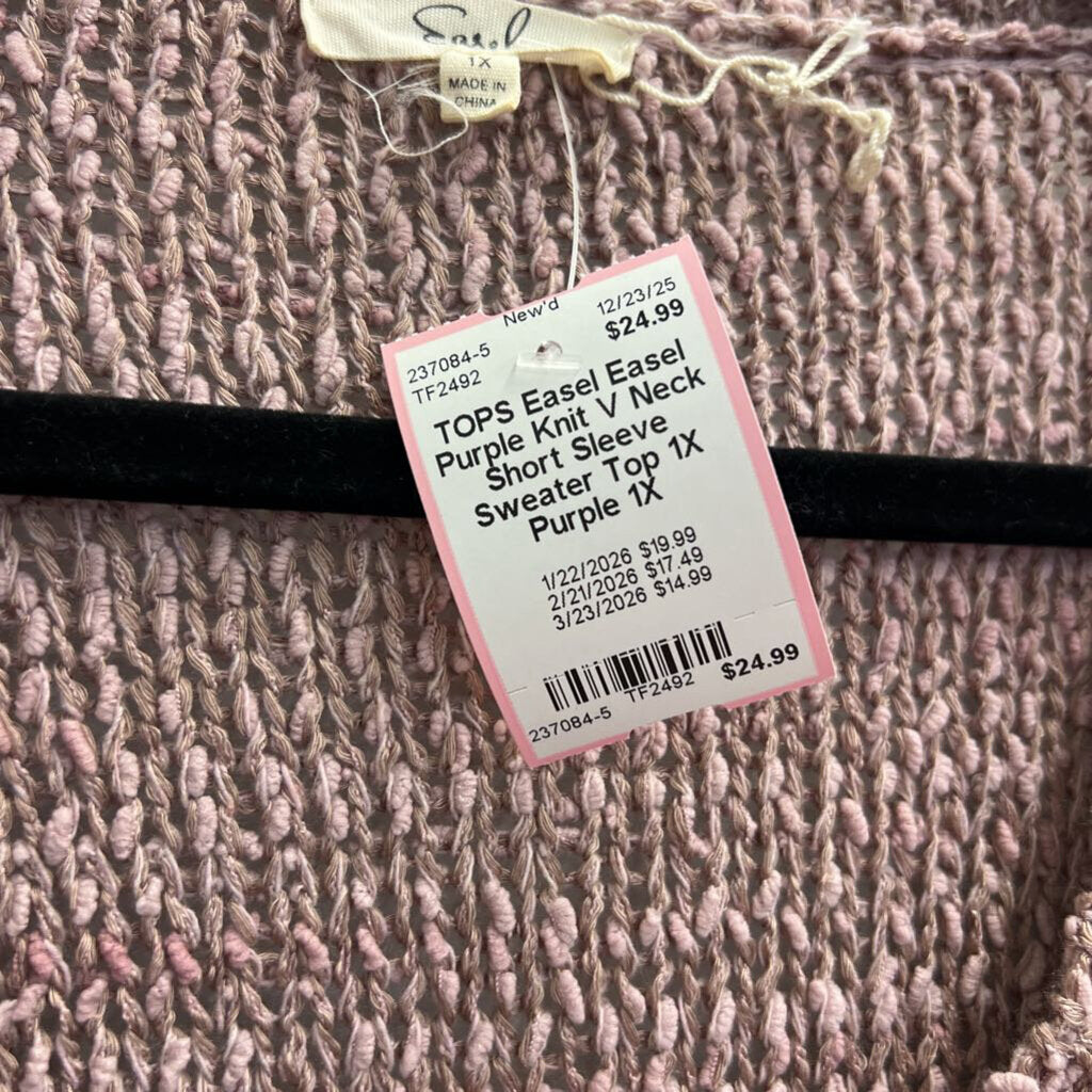 Easel Purple Knit V Neck Short Sleeve Sweater Top 1X