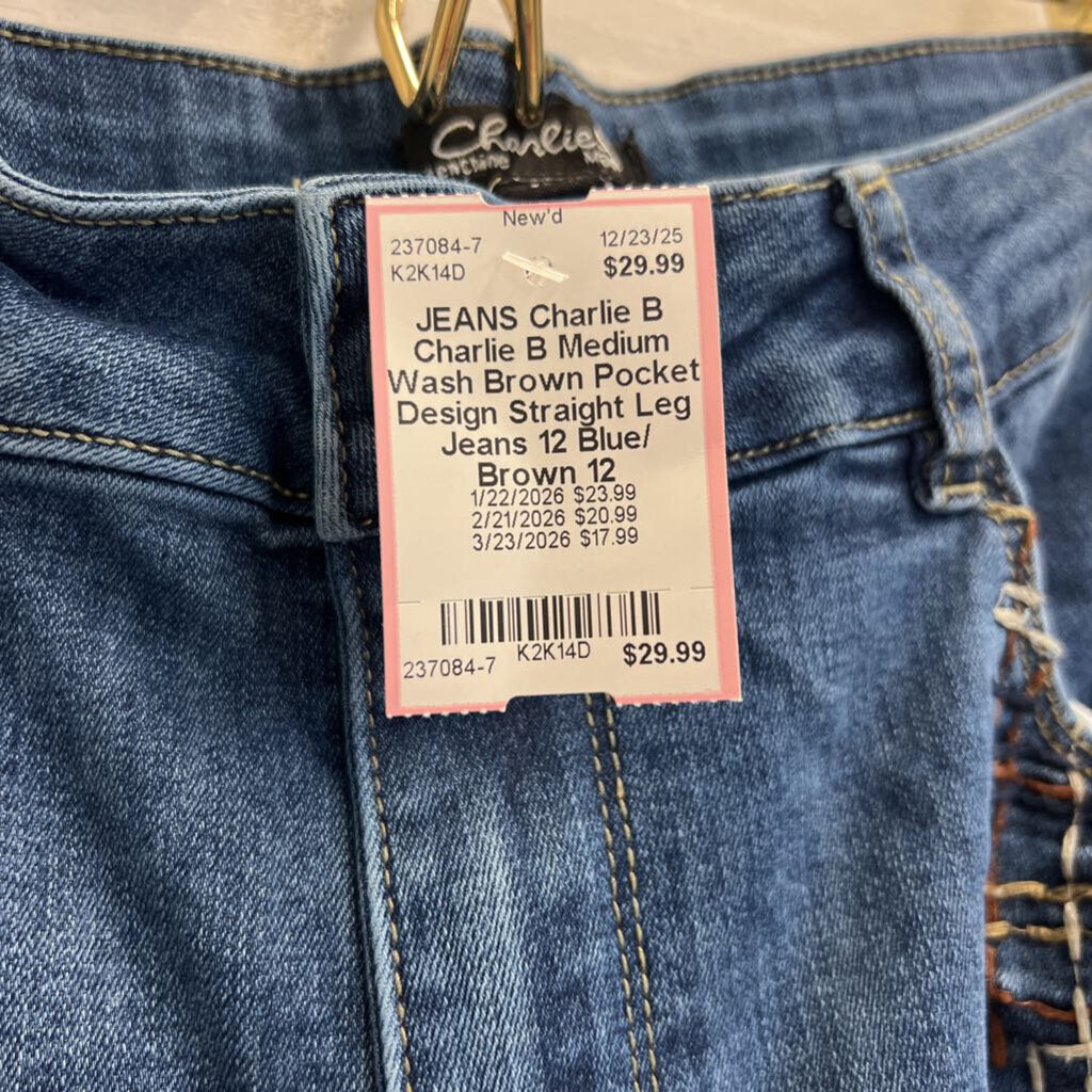 Charlie B Medium Wash Brown Pocket Design Straight Leg Jeans 12